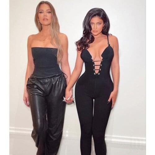 Women Summer Fashion Luxury Sexy Deep V Neck Black Red Bodycon Bandage Jumpsuit 2021 Celebrity Designer Bodycon Rompers Female