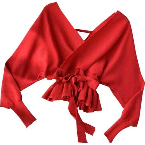 Autumn Womens Knit Sweater 2021 Sexy V-neck Waist Slimming Lotus Leaf Swing Short Bat Sleeve Top