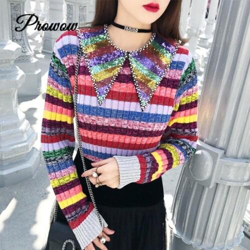 Runwau Brand Luxury Women Rainbow Striped Beaded Pullover Doll Collar Bright Silk Long Sleeve Sweater Top 2020 Fashion Clothes