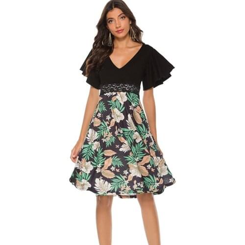 Women dresses Flora Summer Dresses V-neck Short Sleeve Lace Patchwork A-line Vintage Party Dresses