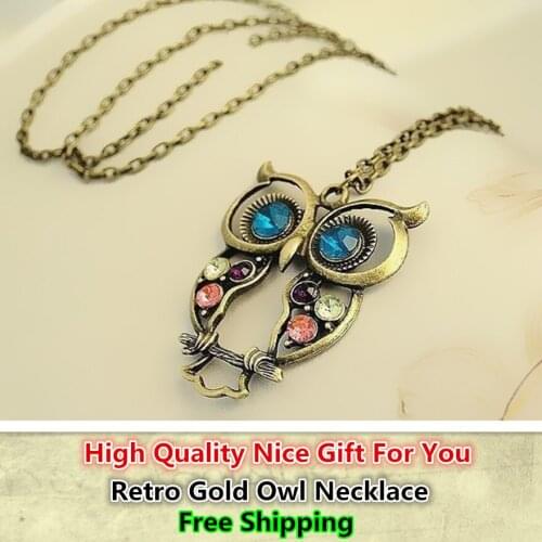 Cute Crystal Owl Pendant Necklace For Women Vintage Gold Long Chain Rhinestone Owl Necklace Female Jewelry Gift Collier