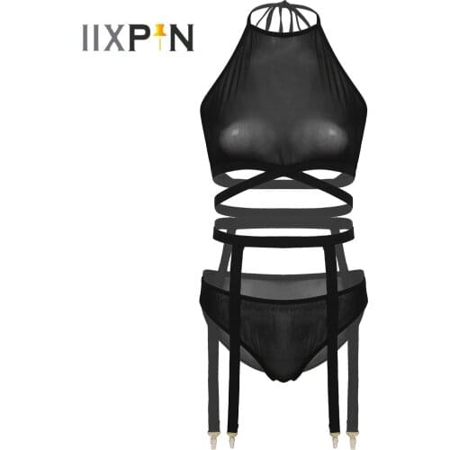 Womens Sexy Lingerie Set for Sex Halter Lace-up Backless Crop Top with Briefs Garters See-through Sheer Mesh Underwear Nightwear