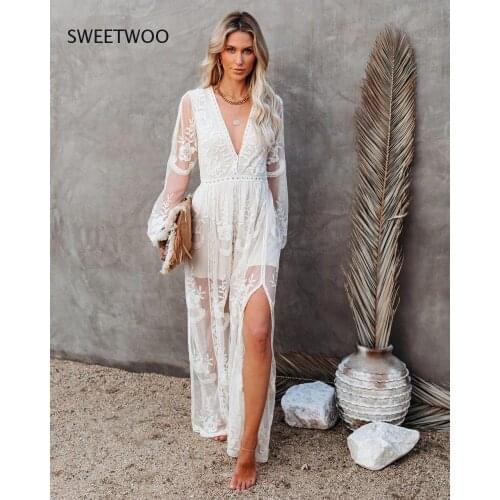 2021 Fashion Hollow Strapless Sexy Dress Summer Lace Long Sleeve V-Neck Retro Dress Elegant Pure Color Party Dress
