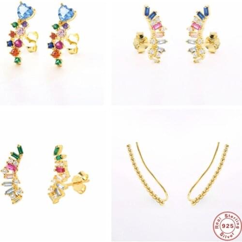 Aide 925 Sterling Silver Colored Zircon CZ Pave Stud Earrings For Women Long Line Shape Earring Climber Ear Crawlers Jewelry