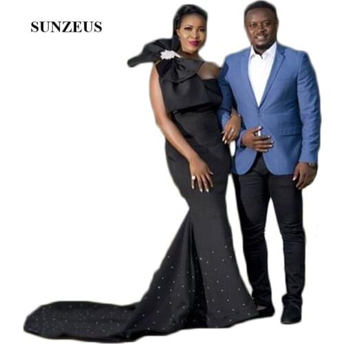 Black Jersey African Women Evening Dresses Gowns Long One Shoulder Beaded Skirt Elegant Evening Party Dress abiti da cerimonia