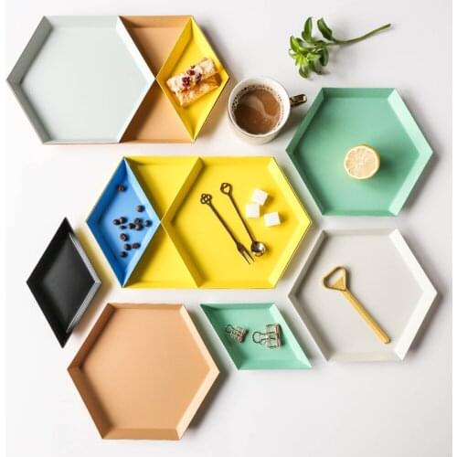 Decorative Colorful Polygonal Stainless Steel Storage Tray Geometric Diamond Metal Tea Pendant Jewelry Plateau Tray