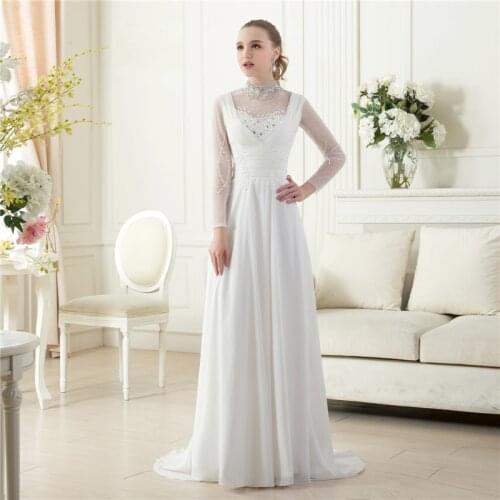 Elegant Beach Bridal Gown Real Sample Ivory High Neck Long Sleeves Plus Size Beaded Pearl Chiffon Beach Bespoke Wedding Dresses