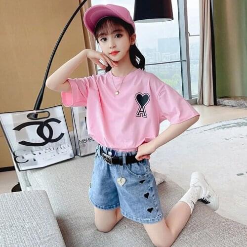4-10 Years Kids Baby Girl Clothes Set Love A Print Short Sleeve Tshirt + Denim Shorts Outfits summer Toddler Tracksuit Clothing