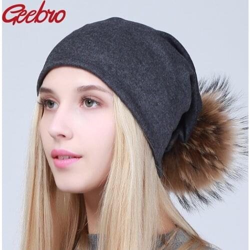 Geebro Womens Beanie Hat with Pompom Spring Cotton Beanies Hats with Raccoon Fur Pompon Skullies Balaclava Caps For Girls JS294