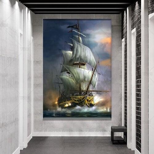 Canvas Painting Pirate Ship Wall Art Vintage Sailing Ships Poster Print Wall Picture for Living Room Home Hotel Interior Decor