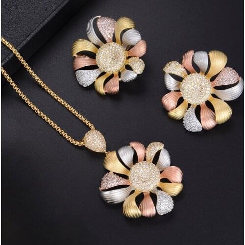LARRAURI Luxury Flower DUBAI Cubic Zirconia Earring Necklace Set Nigerian Birdal Jewelry Sets For Women Wedding African Jewelry