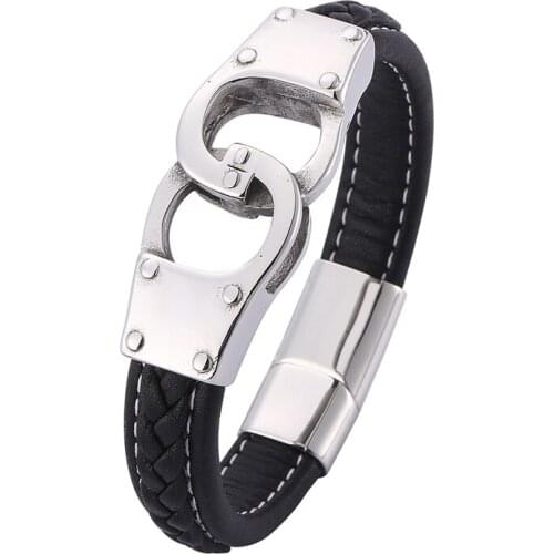 Fashion Men Jewelry Black Braided Leather Bracelet Stainless Steel Handcuffs Bracelets Magnetic Buckle Leather Wristband PD0739