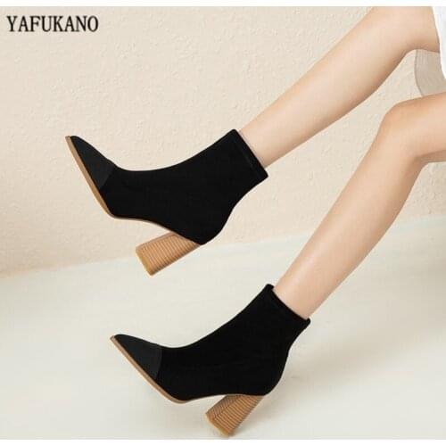 Fashion Square Heel Heels Women Ankle Boots Autumn New Pointed Toe Stretch Stovepipe Socks Heels Suede Splicing Martin Boots