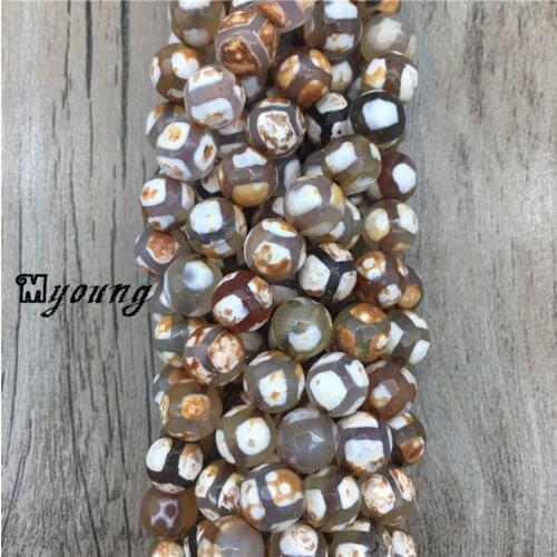 MY0364 Round White&Brown Dzi Tibetan Onyx Beads Football Stripe,Faceted Polished Antique 15.5 Inch Full Strand Agates Beads