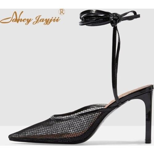 2019 New Fashion Ankle Strap High Chunky Heel Sandals Woman Soft Mesh Pointy Toe Large Size 11 12 For Ladies Beautyfeet Mature