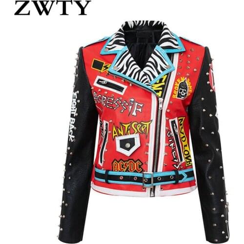 ZWTY New letters printed cartoon Graffiti rivet beading pu leather coats Women street Punk Rock Cropped Leather Jackets with bel