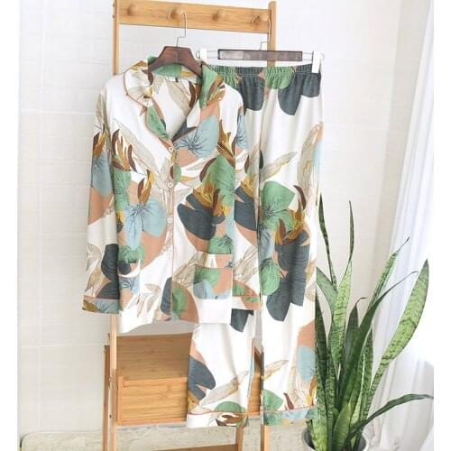 100% Cotton Sleepwear Womens Pajamas Set Autumn Long Sleeve Nighties Leaf Printed Female Homewear Winter Plus Size Home Clothes