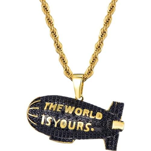 Hip Hop Mens Iced Out Gold Hot Air Balloon Spaceship Black Pendant Necklace Street Dance Gift For Men Women with Rope Chain