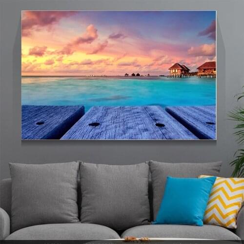 Blue sea Seascape Canvas Painting Beautiful Sunset Posters and Prints Wall Art Picture for Living Room Home Decoration Cuadros