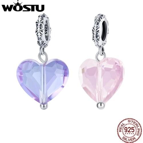 WOSTU 925 Sterling Silver Charm Vine Love Bead Pink Zircon Heart-shaped Pendant Fit Original Bracelet DIY Jewelry CQC1816-PK