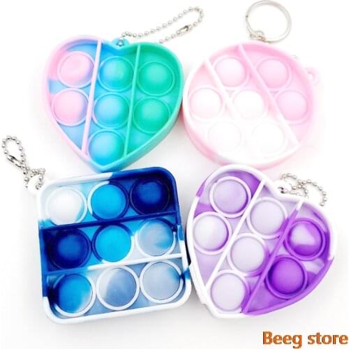 Rainbow mini heart round square pops bubble its keychain simple dimple fidget keyfob trinket for women men fashion trendy charm