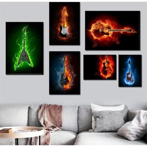 Modern Musical Instruments Fire Burning Electric Guitar Poster Canvas Painting Wall Art Prints Living Room Decoration Pictures
