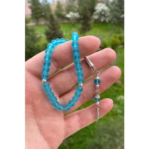 Blue Color Wrist Boy Mascot Glass Rosary Flexible Drawstring Ornament Prayer Beads Metal Tassels