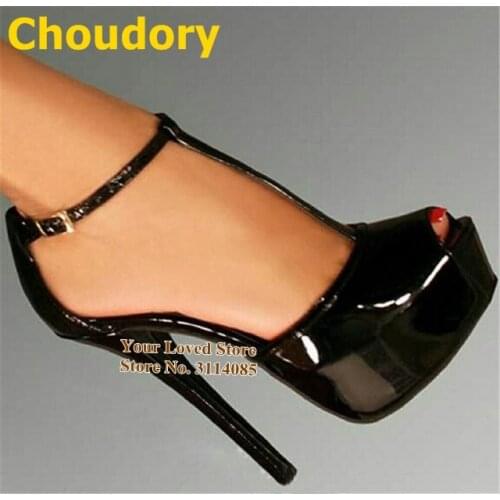 Choudory Red Black Patent Leather Platform Pumps Stiletto Heels Open Toe T-strap Banquet Shoes Buckle Strap Vogue Sandals Size47
