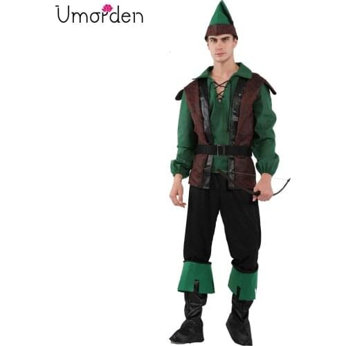 Umorden Brave Robin Hood Costume for Adult Men Green Archer Cosplay Halloween Carnival Purim Party Dress Up