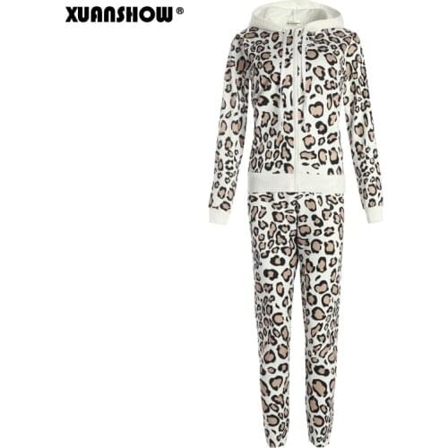 XUANSHOW Autumn Women Tracksuit Vintage Long Pant Suit Set Leopard Printed Zipper Pocket Hoodies Two Piece Set