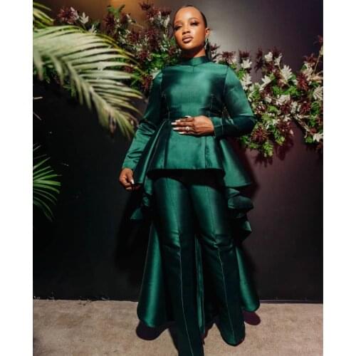 Green Long Train Women Suits 2 Pieces Modern Style Hign Neck Fashion Formal Elegant Party Suits For Women Custom Made