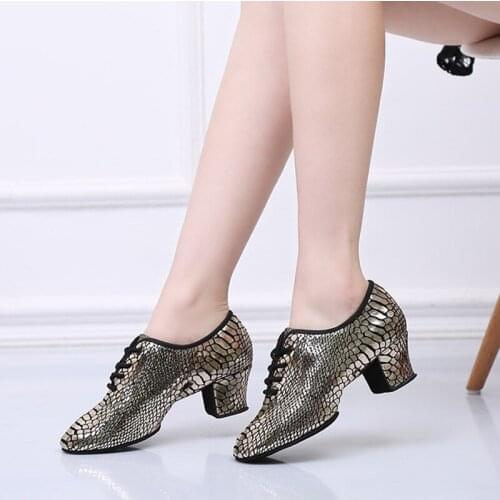 Womens Ladys Girls Indoor Outdoor Oxford Leather Upper Chunky Heel Sneaker 5cm High Ballroom Modern Latin Dance Shoes