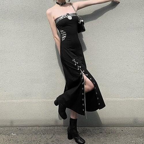 Gothic Metal Chain Dress Women Punk Style High Slit Lace Up Long Dress Streetwear Sexy Strapless Patchwork Leopard Black Dress