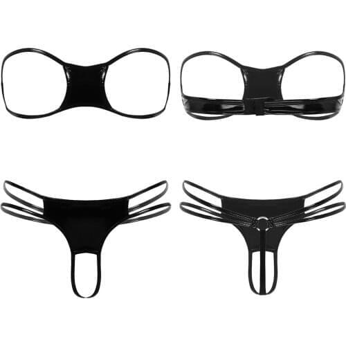 Women Sexy Erotic Wet Look Patent Leather Mini Bikini Lingerie Set Strapless Open Cups Bra Top with Crotchless G-string Briefs