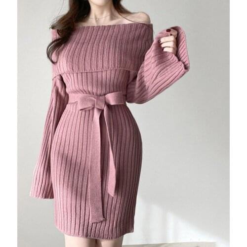 Women Knitted Dresses Belt Long Sleeve 2021 Slim Elasticity Bodycon Autumn Winter Korean Elegant Slash-Neck Temperament Dress