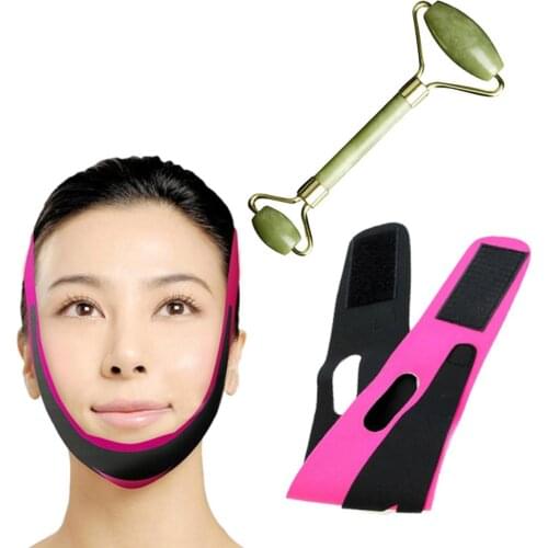 2pcs/set Face Slim V-Line Lift Up Belt Strap Cheek Chin Thin Slimming Mask Bandage + Massage Roller