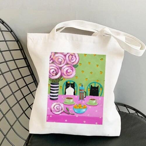2021 Shopper pink French Press Coffee Cats Printed Tote Bag women Harajuku shopper handbag girl shopping bag Lady Canvas Bag