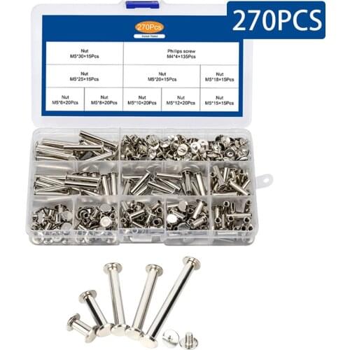 270PCS/Box M5 Nails Studs Rivets Ni-plated Phillips Head Book Binding Screws Rivet For DIY Leather Craft Photo Assortment Kit