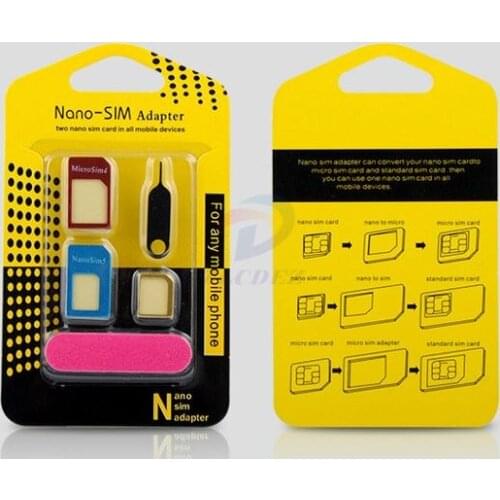 5 in 1 Nano Sim Card Adapters + Regular & Micro Sim + Standard SIM Card & Tools for iPhone 5 6 8 plus X For Samsung Retail Box