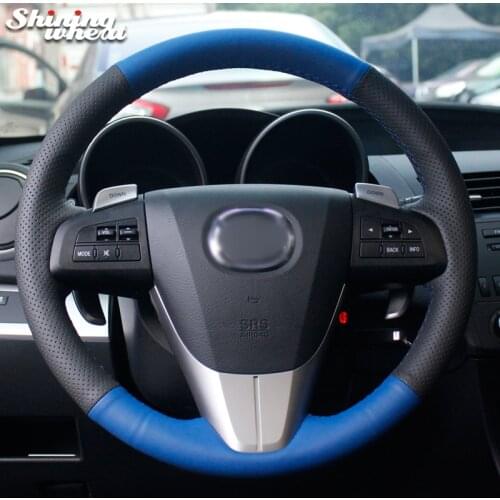 Shining wheat Black Blue Genuine Leather Steering Wheel Cover for Mazda 3 Axela 2008-2013 Mazda CX-7 CX7 2010-2016 Mazda 5