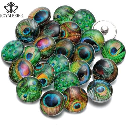 RoyalBeier 20pcs/lot Beautiful Mixed lot Peacock Feather Snap Button Fit 18mm Snap Buttons For DIY Jewelry Necklace/Bracelet