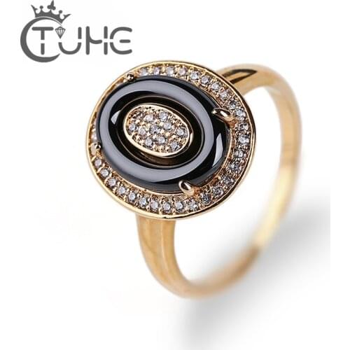 Fashion Black Ceramic Gold Wedding Rings For Women Jewelry Elegant Style 3mm Rhinestone Egg Shape Ring Crystal bagues pour femme
