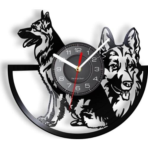 Germany Shepherd Wall Clock Made Of Real Vinyl Record 3D Animal Retro Wall Watch Unique Dog Puppy Hanging Artwork For Pet Lovers