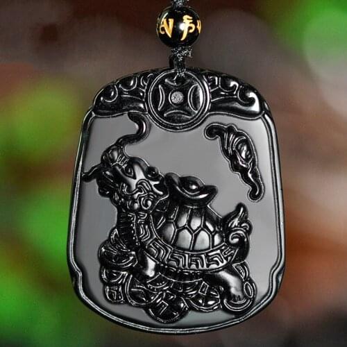 NATURAL BLACK OBSIDIAN DRAGON TURTLE JADE PENDANT NECKLACE CHINESE HAND-CARVED FASHION JEWELRY AMULET ACCESSORIES FOR MEN WOMEN