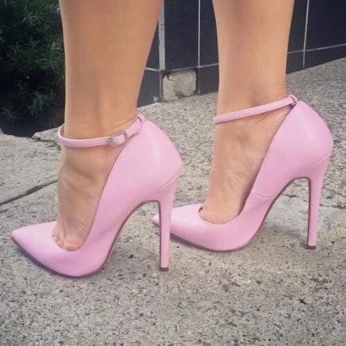 Newest Pointed Toe High Heel Shoes Pink Leather Ankle Strap Woman Pumps Shallow Stiletto Heels Dress Shoes