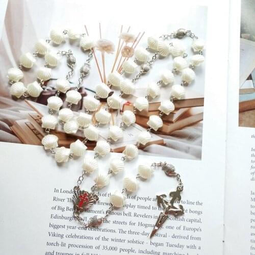 QIGO Plastic Shell Cross Rosary Necklace The Rosaries For Men Women Unisex Strand Religious Jewelry