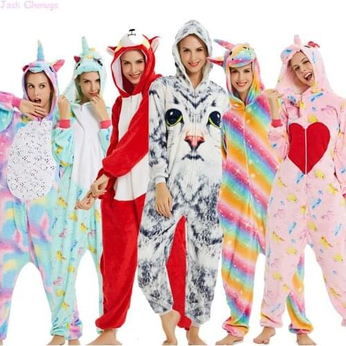 Adult Animal Pajamas Women Unicorn Sleepwear Onesie Kigurumi Panda Pyjama Anime Cartoon Overalls Winter Rabbit Nightie JumpsuitS