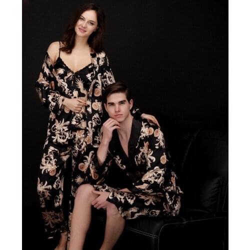 Womens Pajamas High Quality Home Wear Long sleeve Men Bathrobe New Unisex Sleepwear Satin lapel Ice silk Sexy Suspender Pajamas