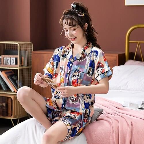 Summer Pajamas Set For Women Sleepwear Silk Pjs Ladies Short Sleeved Sleeping Shorts Home Wear Femme Satin Pijama Nightwear Suit