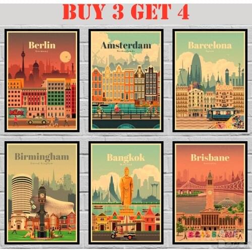 50 Designs Minimalist Traveltastic Kraft paper Poster City&Landscape Painting Funny Fancy Wall Sticker 42X30cm